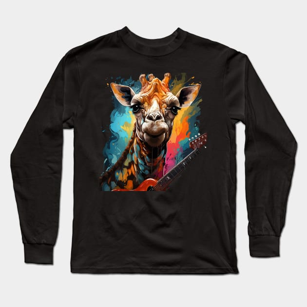 Giraffe Playing Guitar Long Sleeve T-Shirt by JH Mart